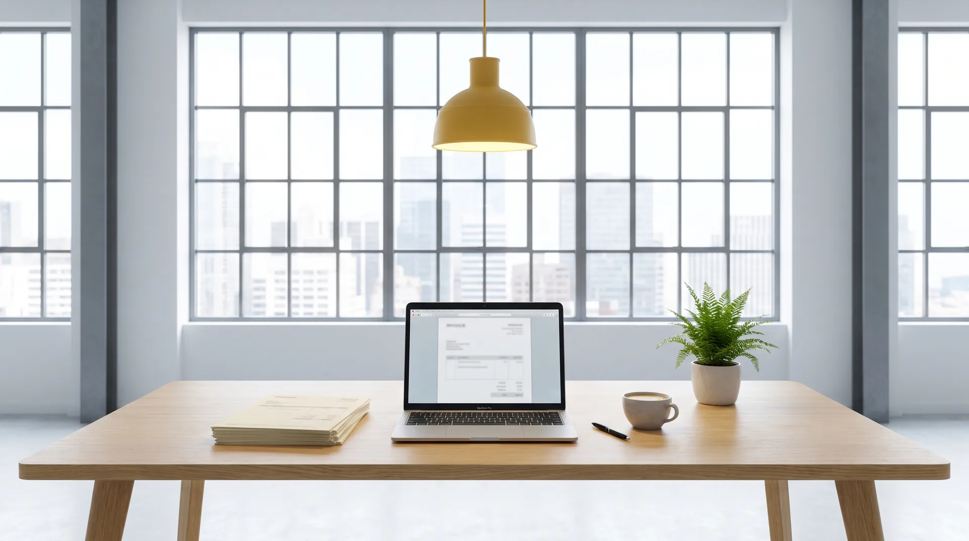 Laptop und Rechnungsstapel auf einem ruhigen Loft-Schreibtisch