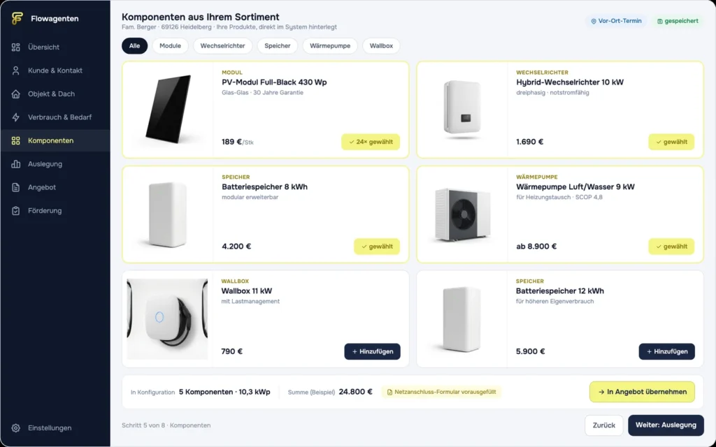 Produktkatalog im Aufnahme-Dashboard: Module, Speicher, Wärmepumpe und Wallbox aus dem eigenen Sortiment