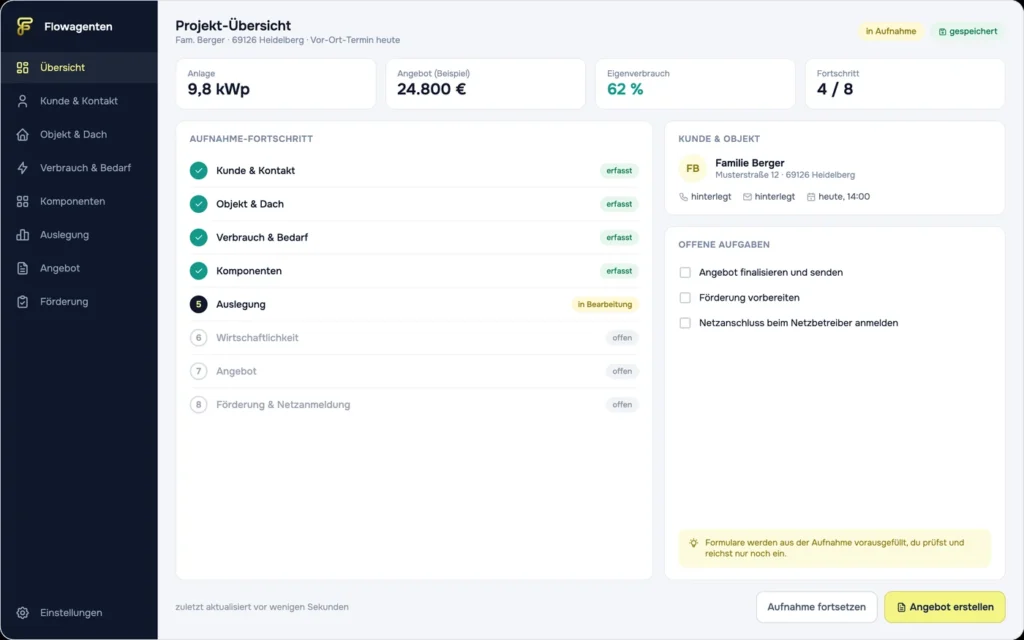 Projekt-Übersicht im Aufnahme-Dashboard mit Fortschritt, Kennzahlen und offenen Aufgaben