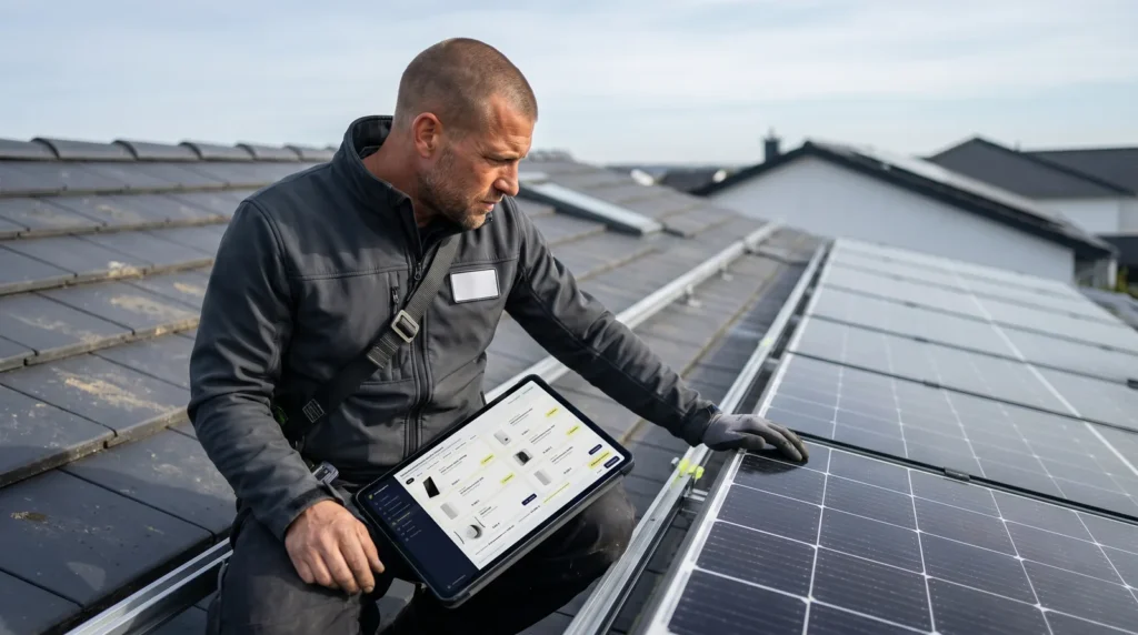 Solar-Techniker prüft eine Modulreihe auf dem Dach